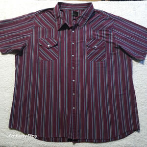 High Noon Men's 3XL Western Pearl Snap Shirt Striped Burgundy Blue Poly Cotton